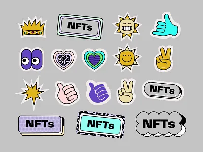 Fun illustrated sticker set branding buttons colour crown crypto emoji fun heart icon illustration logo nft pack peace purple retro stickers sun texture vector