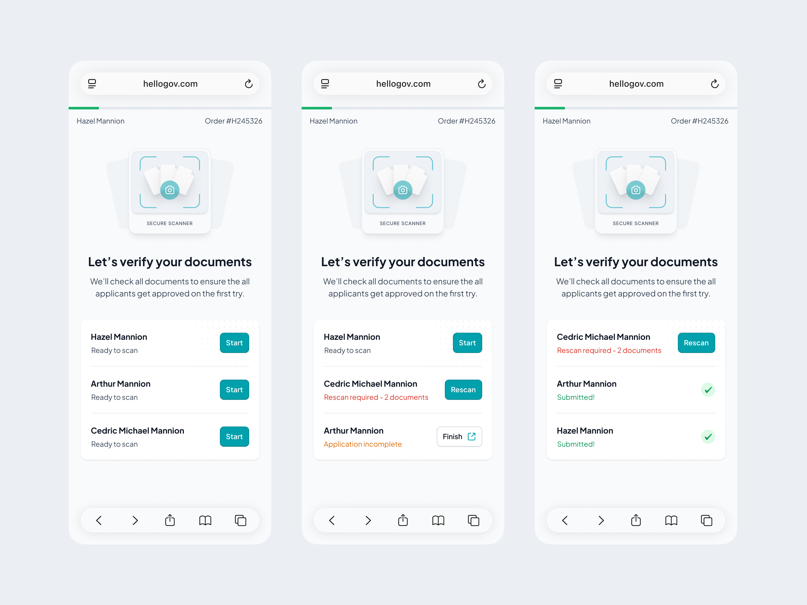 Document verification flow for HelloGov application approved checkout confirmation crm document verification due diligence egov enterprise government hellogov id verification passport process verification start application submit submitted summary verification verify