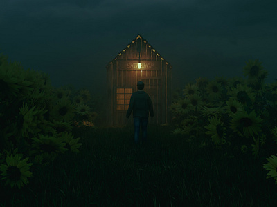 The Stillness of Night 3d 3d render alone art cinema cinema art cinematic dark darkness digital art farm film fog light man night path sunflower visual