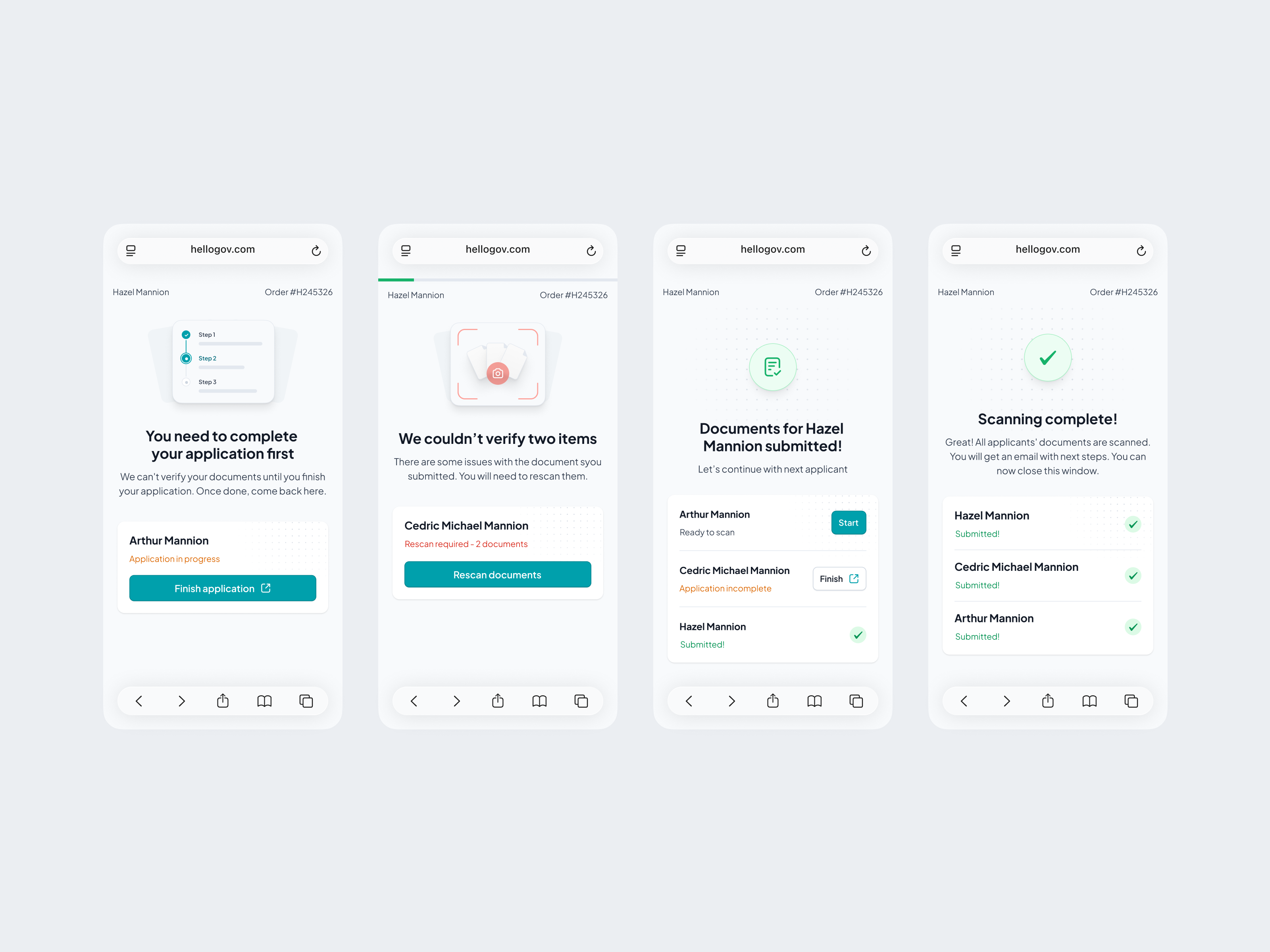 Document verification states for HelloGov application status document scanning document status document verification egov enterprise error form government id verification in progress scan status success verification verification status verify