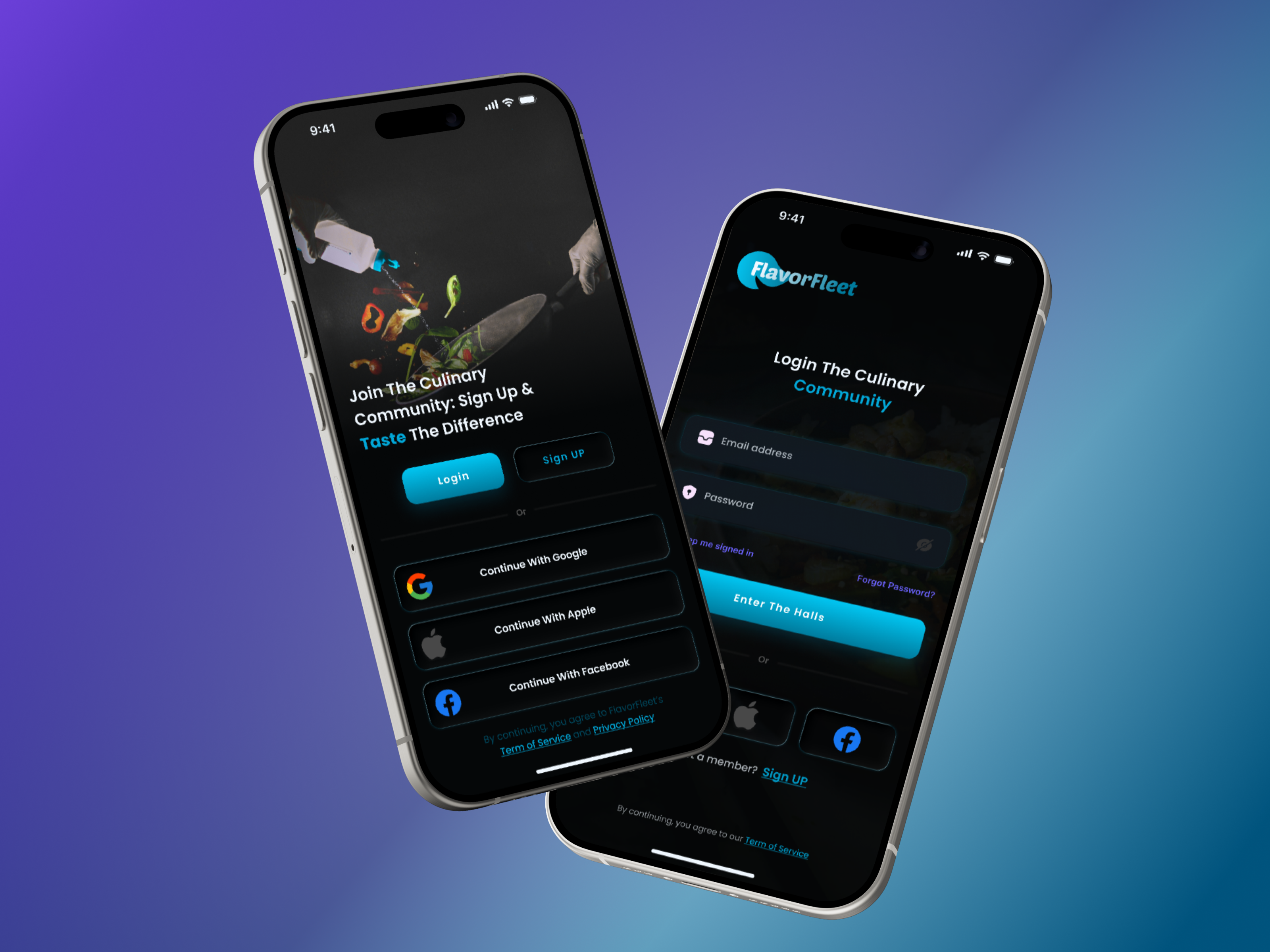 FlavorFleet - Seamless Authentication Experience app design dark ui design dribbble ecommerce figma food delivery ios app login mobile app modern ui neon ui product design restaurant app singup ui ui design ux ux design
