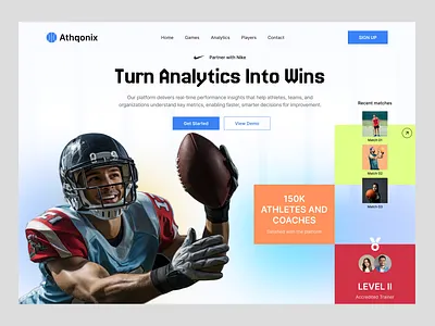 Sports Analytics Website Design ai athletes dark ui hero section landing page design modern ui performance tracking product design saas sports sports analytics sports clubs sports landing page sports web design sports website tournament ui ui ux web design website design