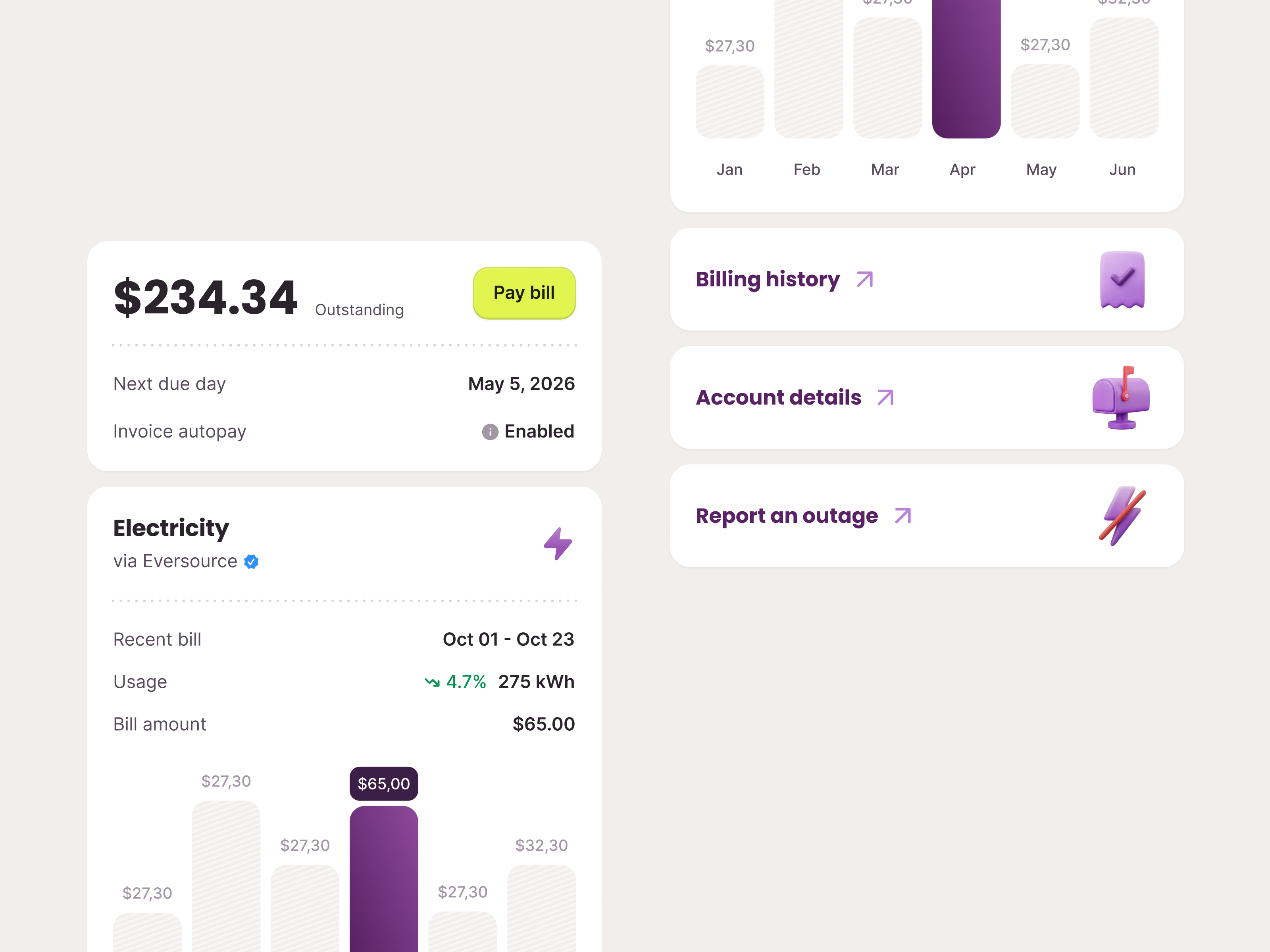 Billing dashboard explorations for Public Grid account details bill billing billing history crm debt electricity fintech history nest outage outstanding pay bill payment report report outage usage utilities utility utility usage