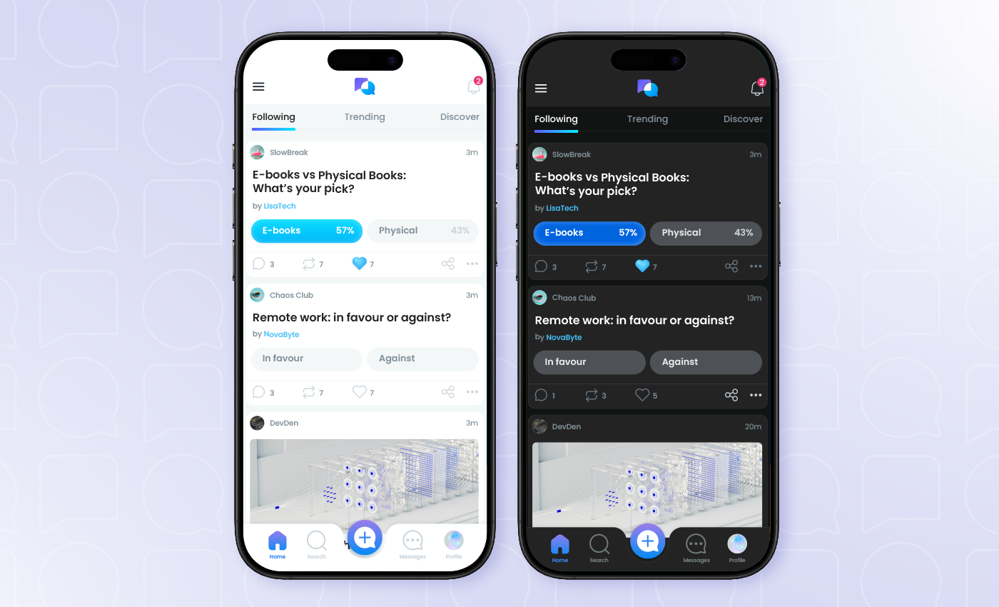 Wikiopps Home Screen | Light & Dark mode app app design branding dark mode design home home screen light mode minimal mobile mobile ui poll social ui ux