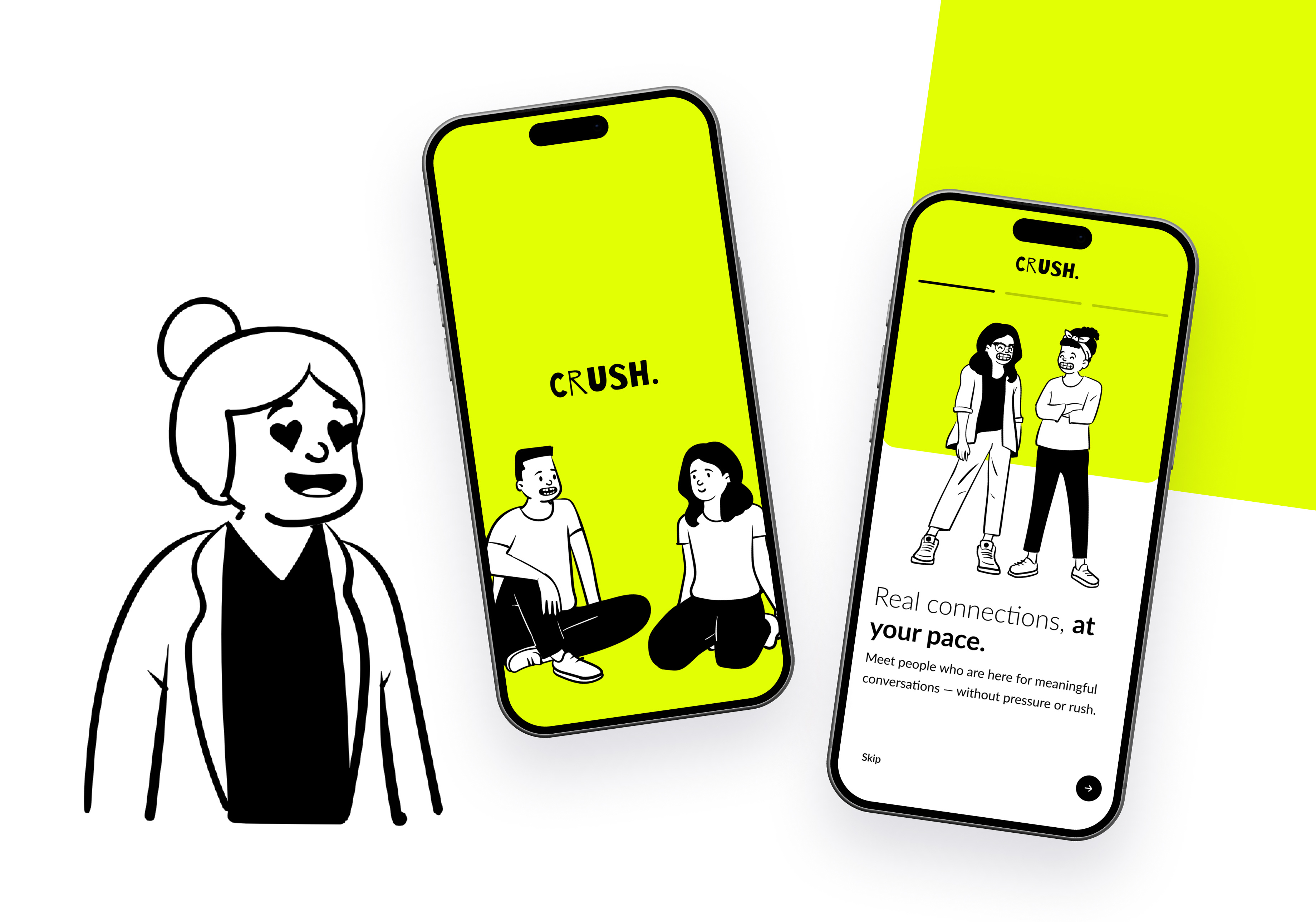 CRUSH. Onboarding app color date flat illustration love match minimal mobile monochromatic onboarding ui visual design