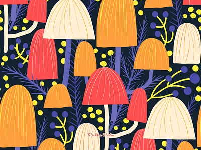 Mushroom Patch botanical digital art digital illustration foliage graphic design home decor leaves mushroom nature office decor pattern seamless surface pattern wall art wall decor