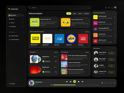 Resonan - Radio Player Dashboard Exploration animation app branding broadcast dark dashboard design music music ui player playlist podcast product radio saas song ui uiux ux