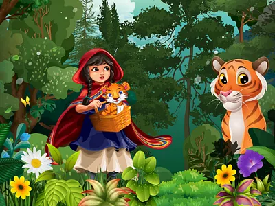 Into the Deep Woods: A Tale of Stripes and Shadows 2d art animal characters book cover design character design childrens book illustrator childrens publishing digital painting enchanted forest environmental storytelling fairytale illustration fantasy illustration forest background jungle illustration kids book art little red riding hood nature art picture book art storybook artist tiger illustration whimsical art