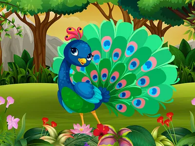 Colors of the Wild: From Tropical Camps to Royal Plumes 2d illustration animal characters bird illustration book cover design character design childrens book illustrator childrens publishing creative storytelling digital painting educational illustration forest background kids book artist nature art peacock illustration picture book art storytelling art summer camp art tropical beach art vibrant colors whimsical art