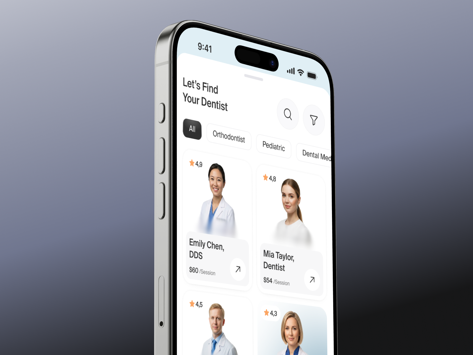 Dental Clinic Mobile Apps appointment apps button card category clean clean design clinic dental dental clinic doctor filter glass ios list card minimalism mobile app rate search ui design