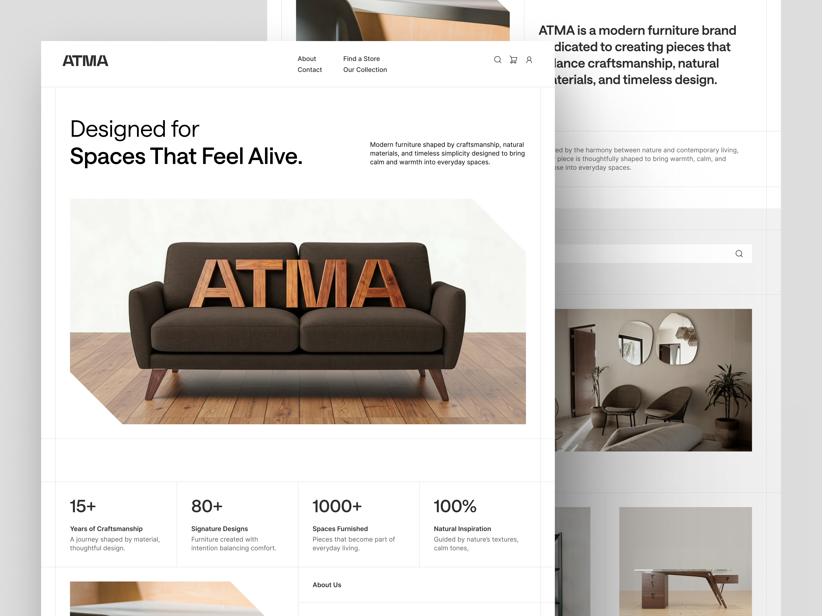 ATMA Furniture - Landing Page branding cleanui craftsmanship creativeconcept digitalbranding furniturebrand galangandhika graphic design landingpage landingpagedesign logo minimaldesign minimalism modernbrand modernui naturalliving ui uidesign uxdesign webdesign