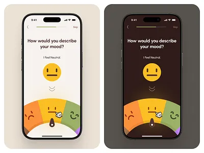 freud v3: AI Mental Health App - Mood Slider/Picker Mobile UI brown clean emoji picker ui emotion ui flat freud ui kit gradient green mental health app mental health ui minimal modern mood mood picker mood slider mood ui onboarding ui smart wellness app
