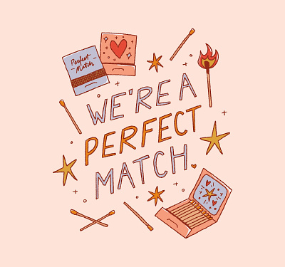 we're a perfect match branding design digital illustration drawing fire graphic design illustration logo love match procreate valentine valentines day
