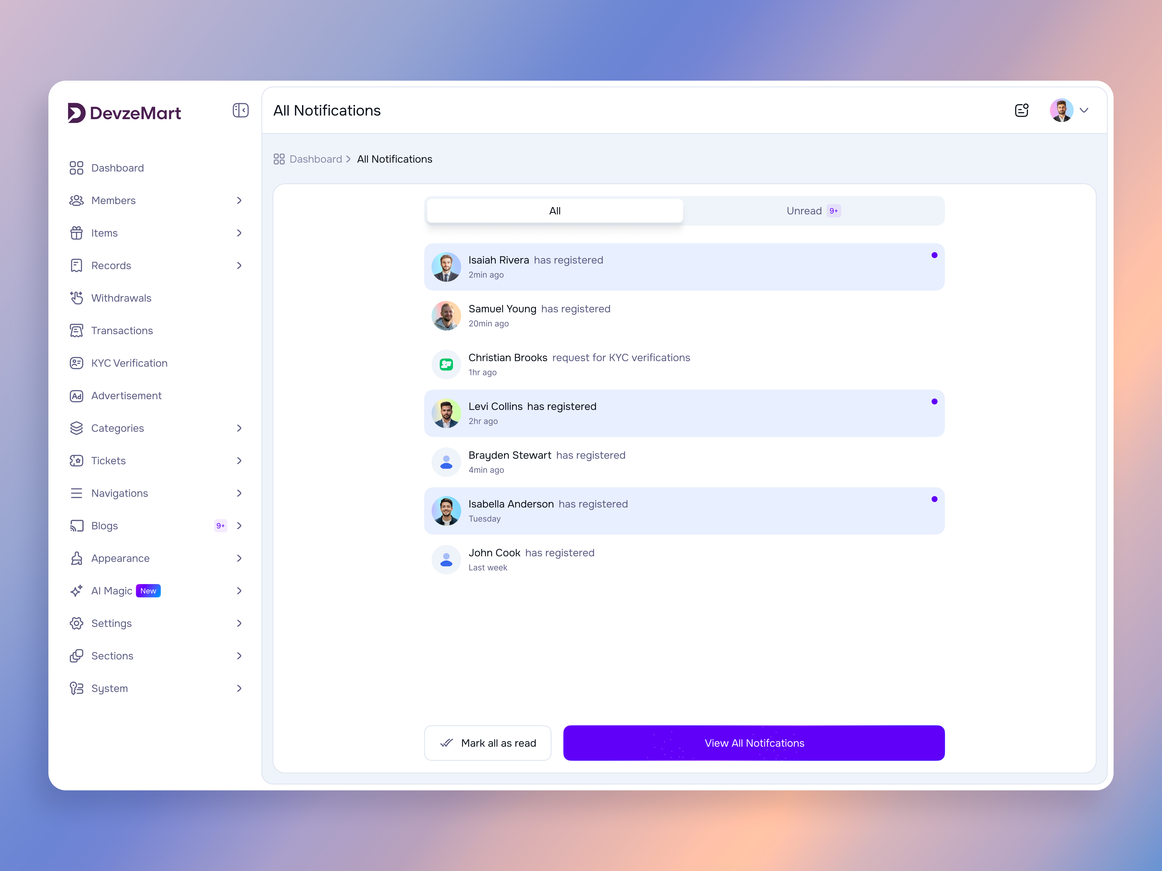 DevzeMart - Notification Center Admin Panel UI/UX Design admin dashboard admin interface admin panel clean design dashboard ui modern ui notification center notification list notification panel notification system panze studio product design saas saas dashboard ui design user interface user management ux design web app web dashboard
