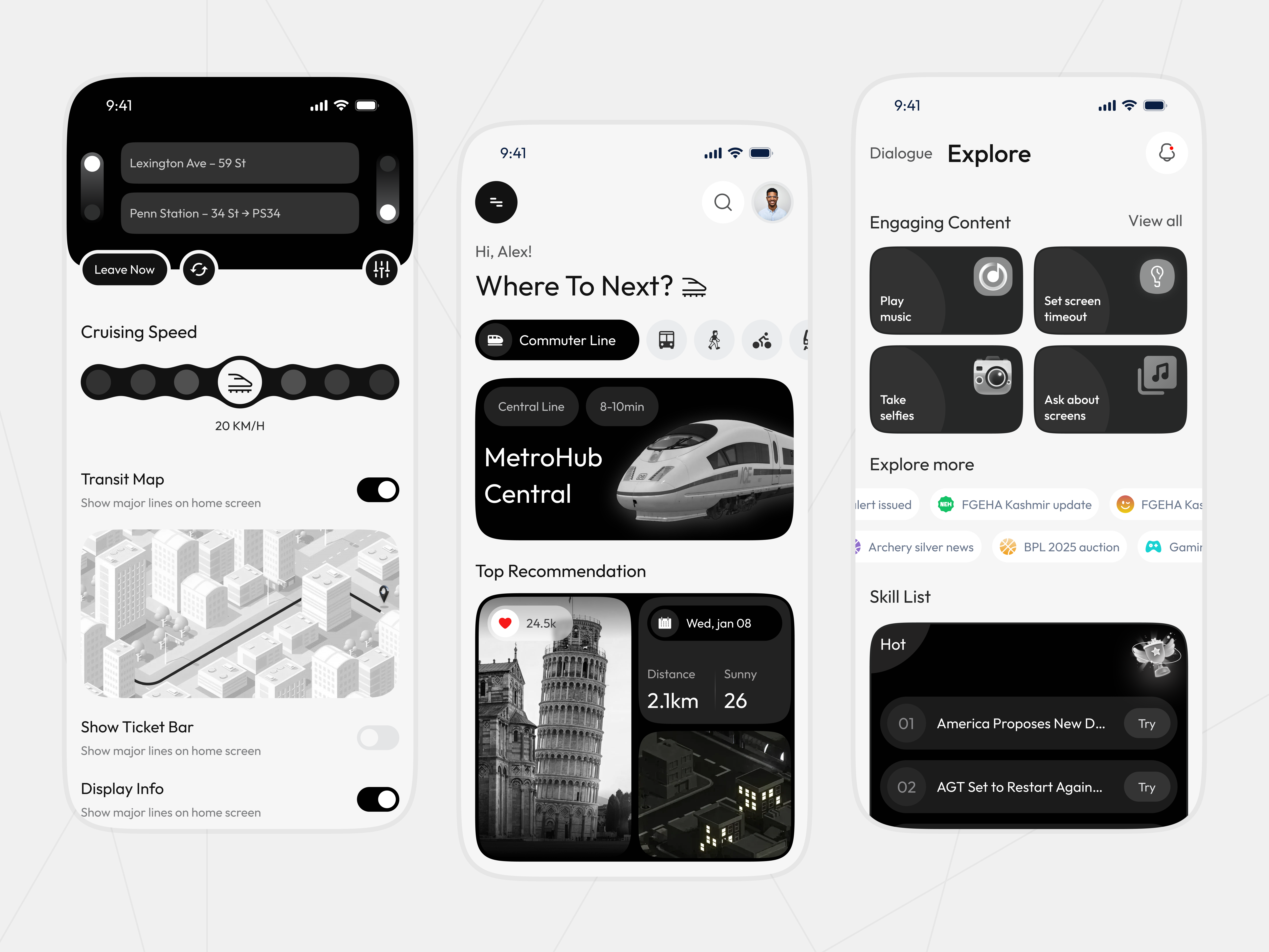 Smart Transit Mobile App UI app design black and white city transport commuter app gps ios app live location map ui minimal ui mobile app navigation app public transport real time tracking smart city tranport app transit app