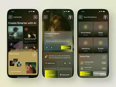 AI Content Creation App UI ai app ai app design ai chatbot ai content creation app ai tools app app design content creation content generator creator tools dark ui dribbble shot mobile app mobile app design modern app productivity app startup app ui ux design