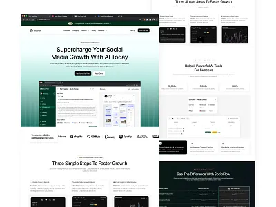 Socioflow - AI for Social Media Management (Landing Page) ai generate ai website career page chatbot chatbot automation digital marketing faq page generate post landing page marketing page marketing tool post performance profile performance redesign website responsive design saas social media management social media manager social media planner website