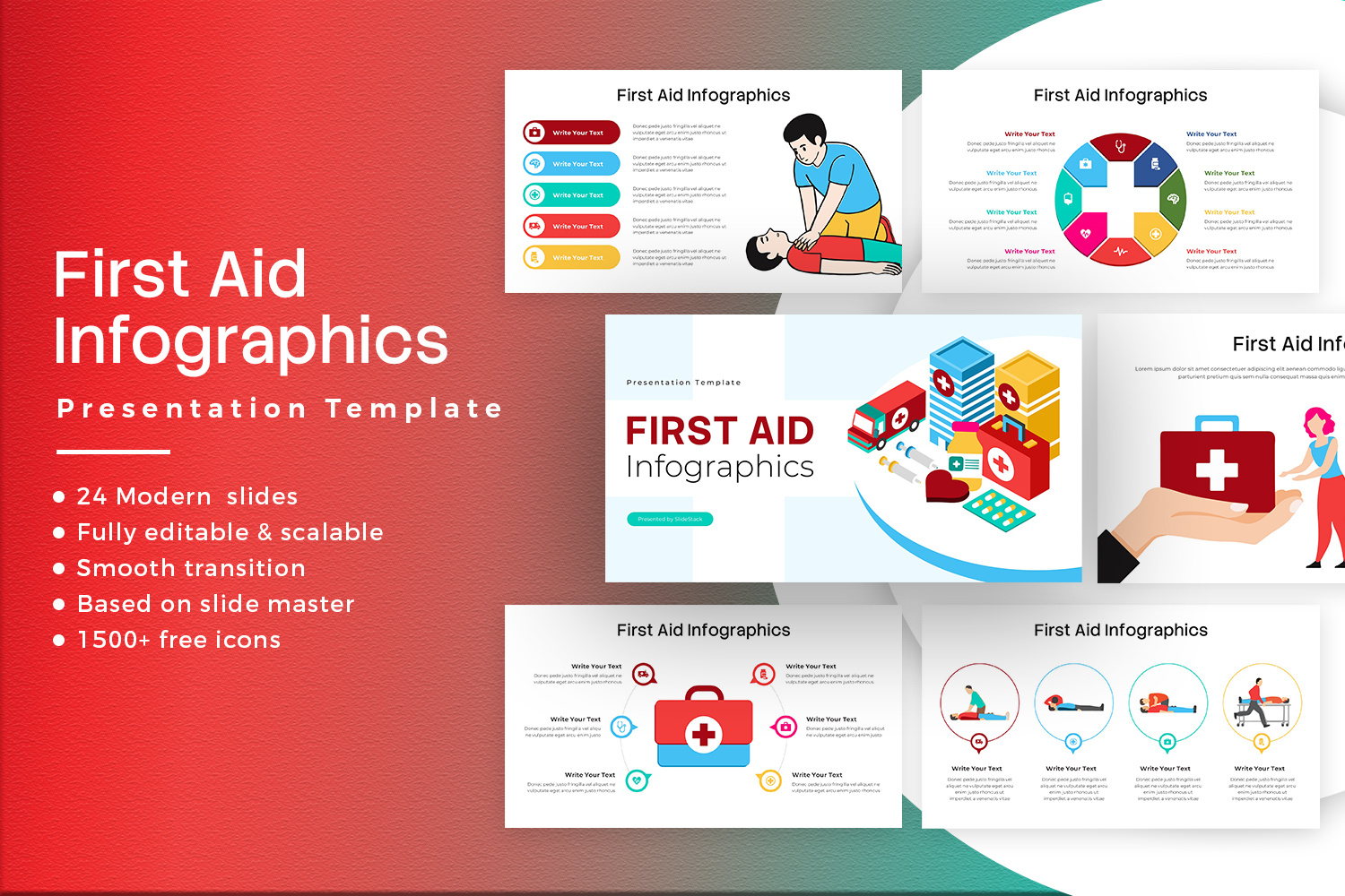 First Aid Infographics Presentation Template basic care chart clean emergency first aid guide health infographics layout medical presentation response safety simple slides template tips training visuals