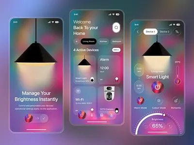 Smart Home Control Mobile App app design app ui dashboard ui figma design glassmorphism home automation home control app interface design iot app light control app mobile app design mobile ui modern ui product design smart devices smart home smart light smart living ui design ux design