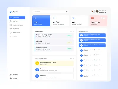 Student Dashboard UI — Education / EdTech Web App Design clean ui dashboard data visualization edtech education management system product design saas student portal ui design ux design web app