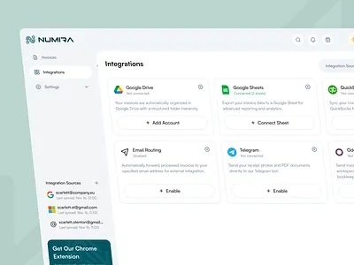 Integrations - Invoice Manager chrome extension clean dashboard design integrations interface invoice invoice manager invoices management navigation product settings ui ux web app web design