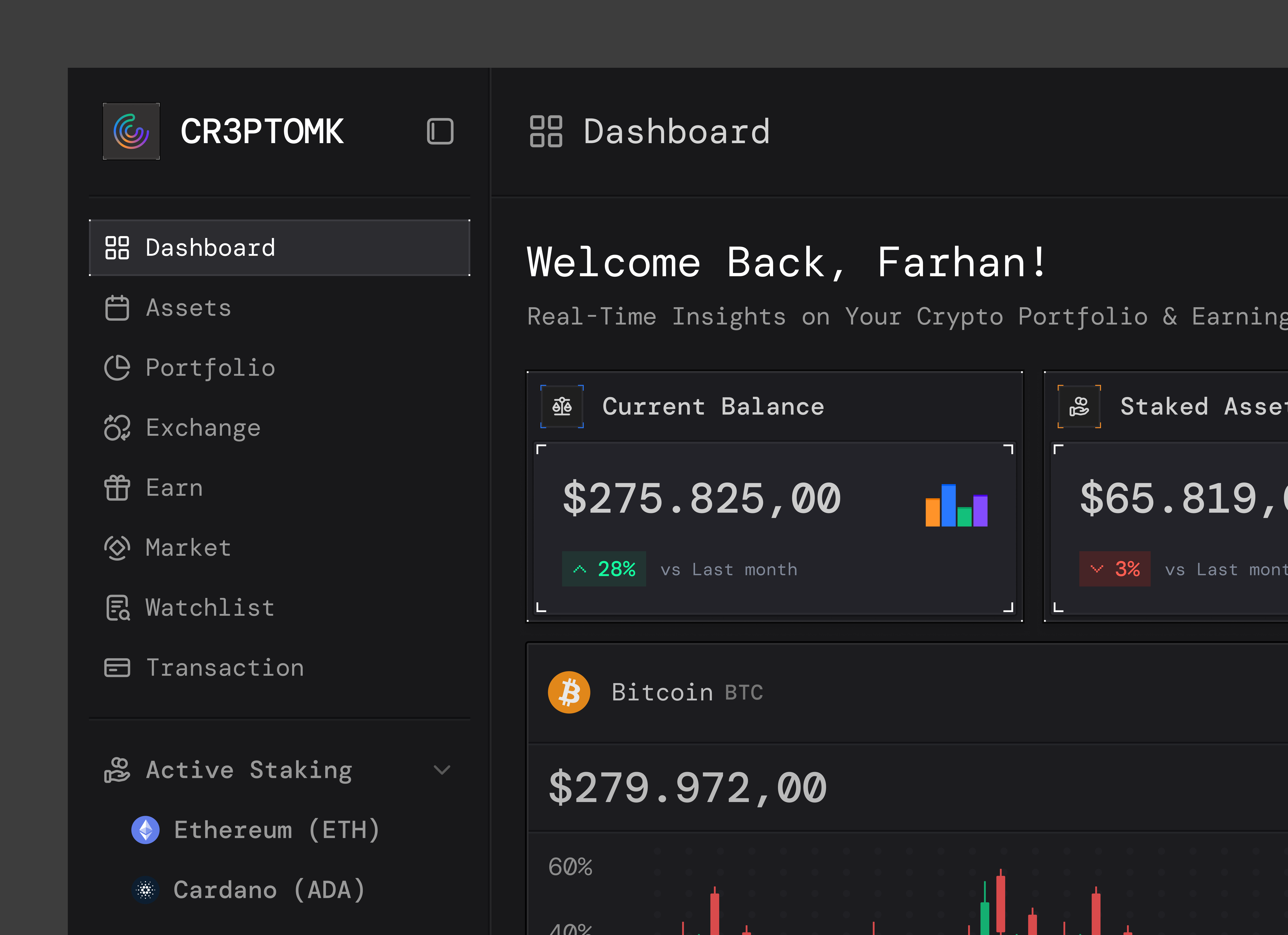 CR3PTOMK — Web3 Crypto Portfolio Dashboard analytics bitcoin chart crypto crypto dashboard cryptocurrency darkmode dashboard finance financial app investment product design trading ui dashboard ui design uiux design ux design web3