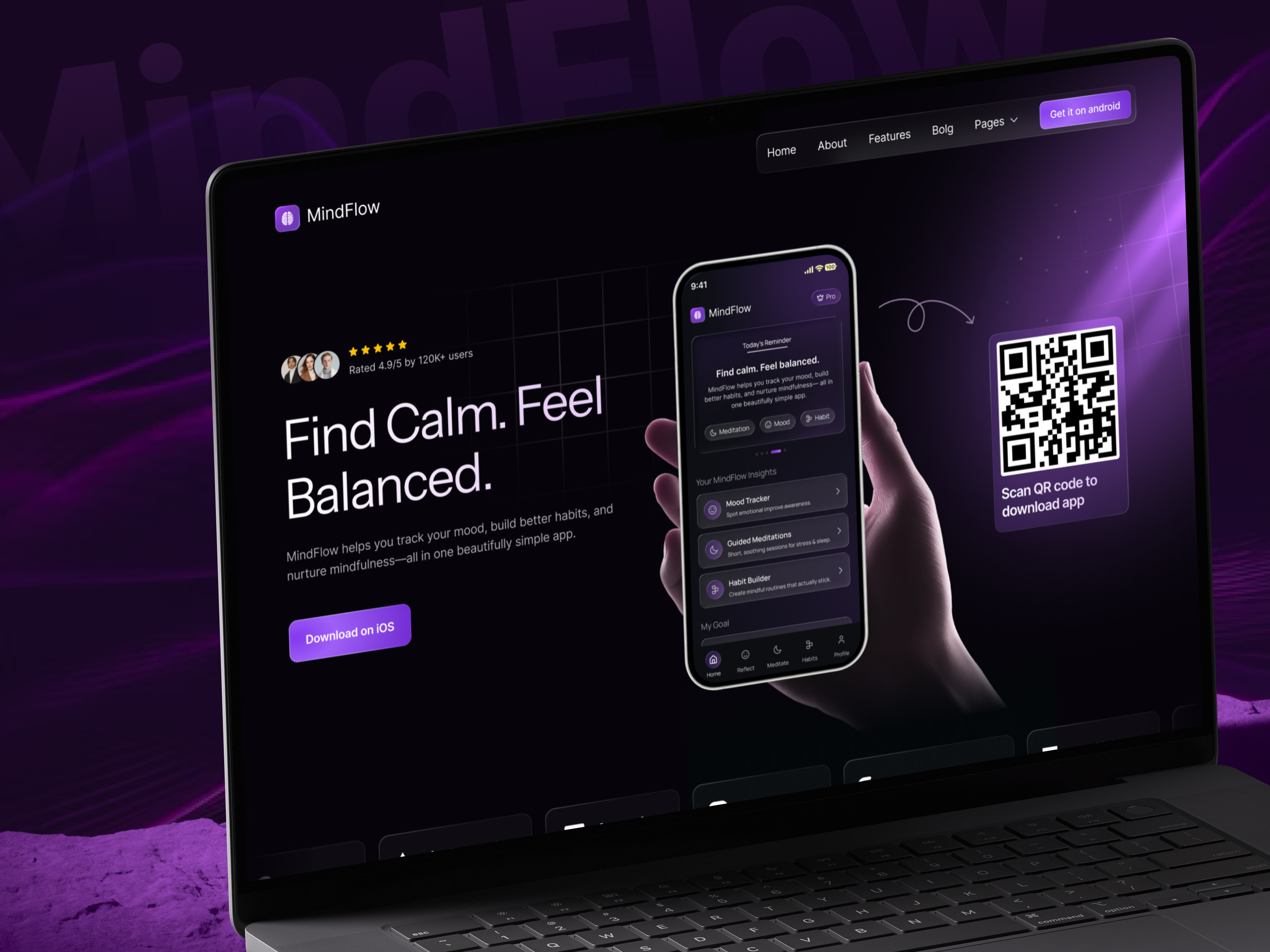 Mindfulness App Landing Page Design animation app landing page app ui branding graphic design landing page mindfullness motion graphics web ui