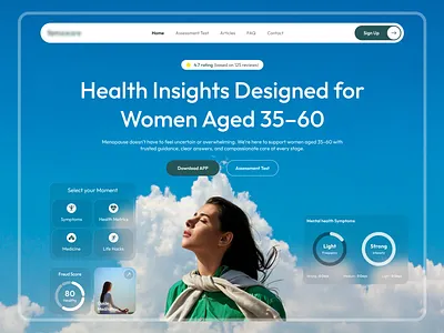 Menopause App Landing Page – Hero Section Design app design clean fitness health and wellness health app healthcare landing page medical menopause menopause app menopause tracker menopause treatment mental health perimenopause pulokpauldesign ui design wellness women women health website yoga