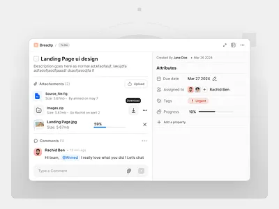 Task Management modal UI — Project Details & Collaboration P collaboration comments file upload modal popup project project management saas saas design task task comments task details task management ui ux