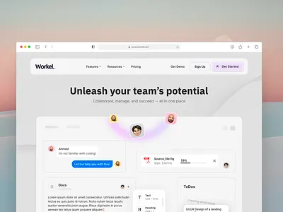 Workel — Team Collaboration & Productivity Landing Page collaboration docs files graphic design hero hero section landing page messages project tasks team teamwork todo ui ux workspace