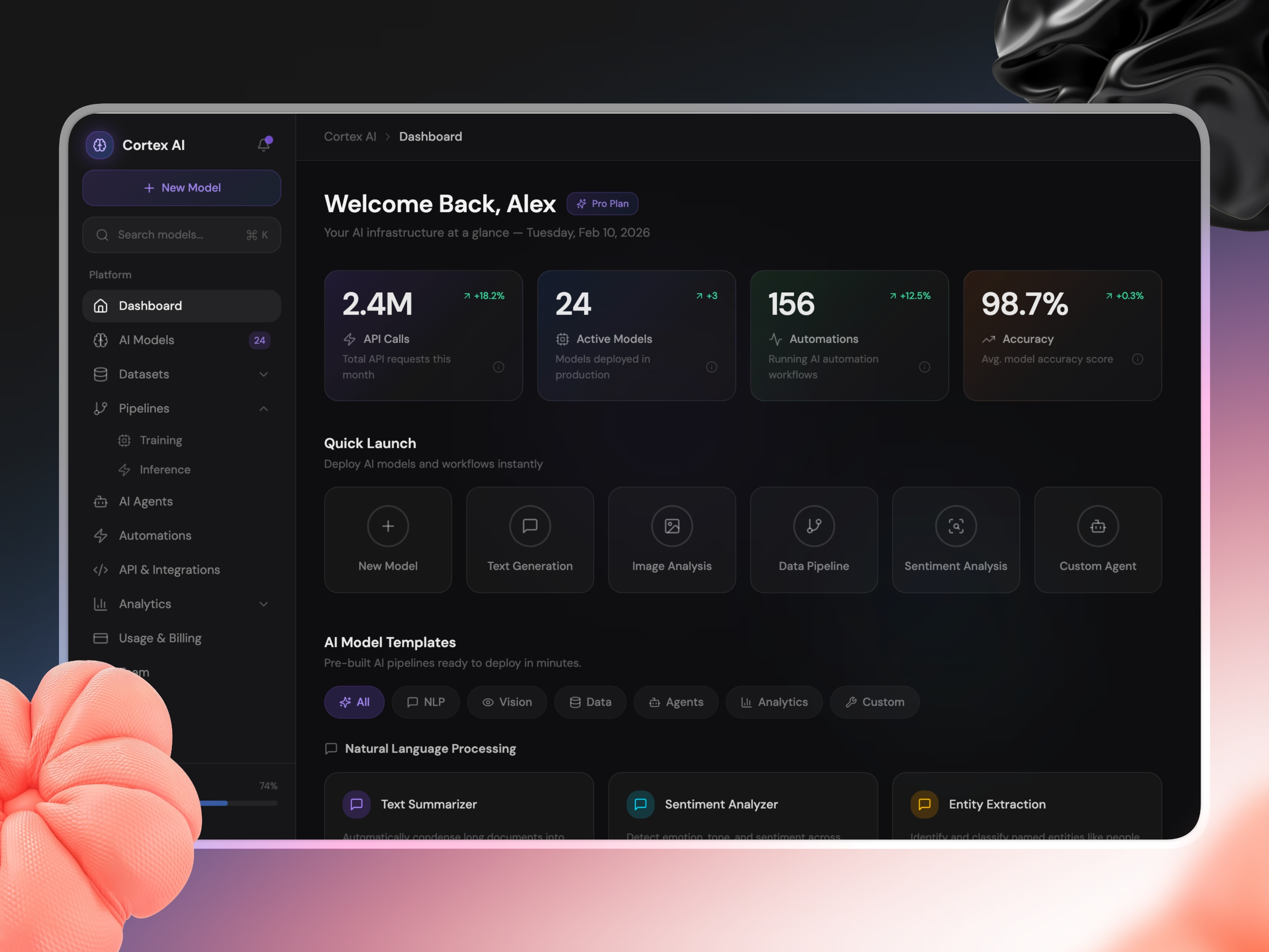 AI Dashboard with Glassmorphism admin panel ai dashboard dark mode dark ui dashboard dm sans framer motion glassmorphism motion design react saas tailwind css ui design web app