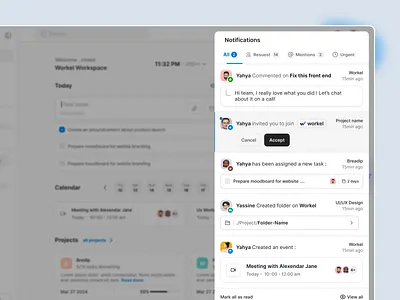 Workel — Smart Notification Center UI advanced notification modal notification popup notification system notification ui product productivity saas task management team collaboration ui ux web app workspace
