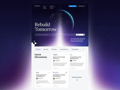 Rebuild Tomorrow — Renewable Energy Discussion Website card clean design desktop discussions group earth editorial effects environment forum homepage landing page layout lightning sustainable energy typography ui website whitespace