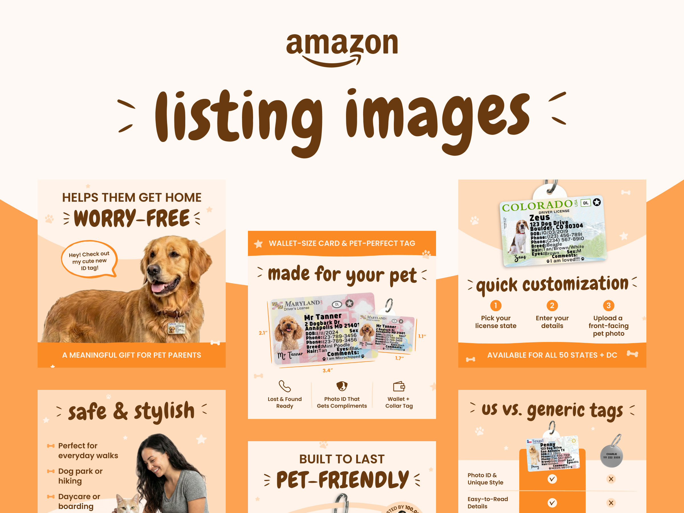 Amazon Listing Images for a Pet ID Tag amazon a content amazon a plus content amazon ebc amazon infographic design amazon listing images amazon listing pets amazon page design amazon plus content amazon premium a content amazon product images amazon product page design amazon storefront images ebc on amazon ecommerce listing design listing design listing design pets marketplace product images playful amazon listing design product infographics