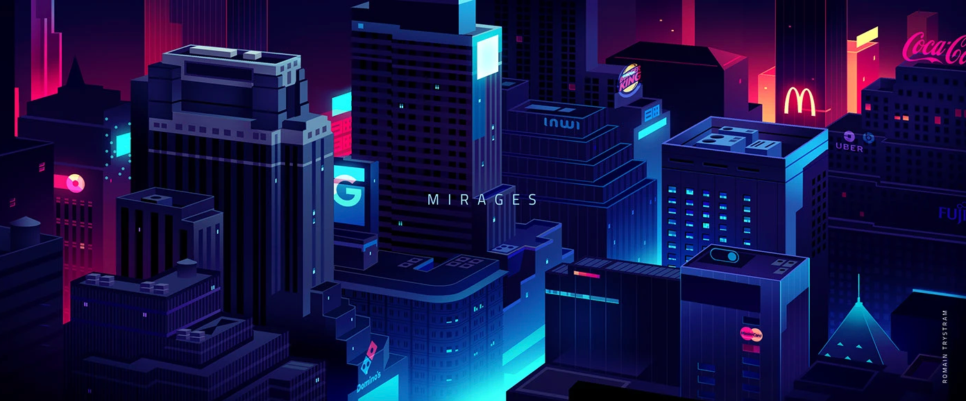 Mirages branding city design futur illustration light neon retro trystram ui