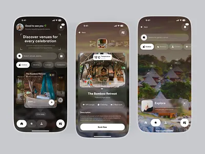Event & Venue Booking Mobile App UI Design booking app booking app design clean ui discovery app event app event booking app event center booking event project ios app minimal ui mobile app modern ui online booking app product design travel app ui design user experience user interface ux design venue booking