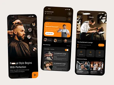 Royal Cut – Barber Salon Mobile App app design barber barber app barber shop beauty salon booking app dark ui design grooming app hair hair salon haircut hairdresser hairstyle ios mobile app salon app salon appointment app salon booking spa booking app