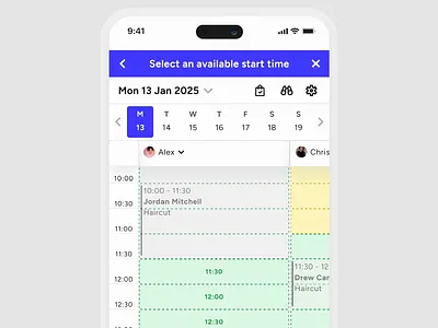 Appointment Double Booking Interaction animation calendar interaction calendar system figma animation figma prototype ios mobile design motion graphics onboarding onboarding walkthrough staff management time slots timetable management ux design