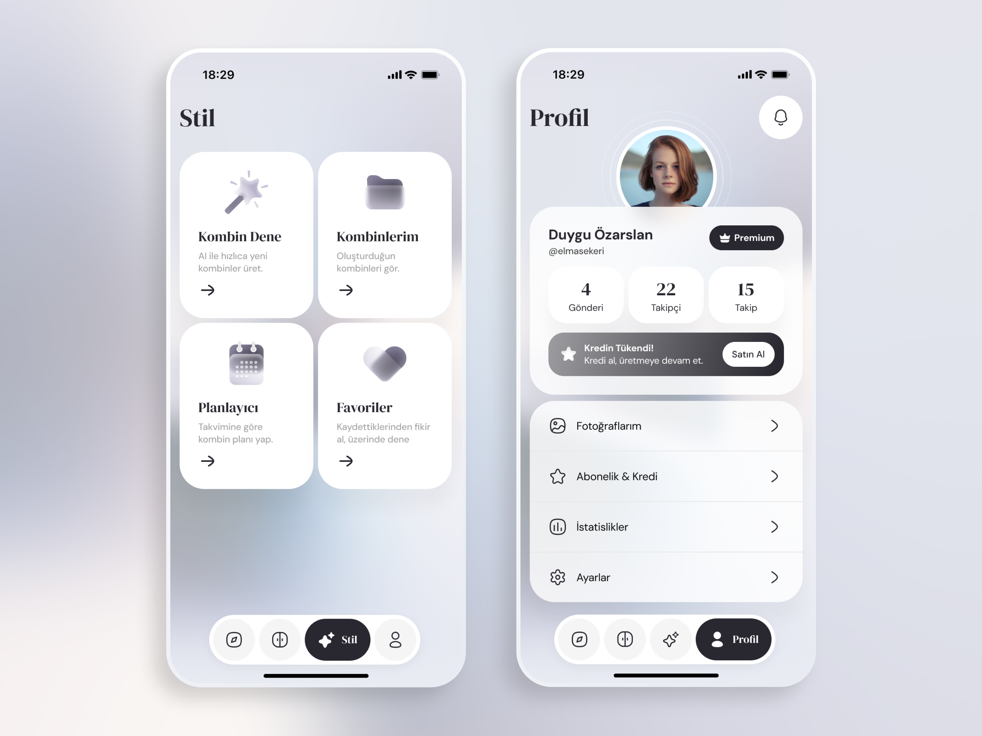 Style & Profile Mobile UI appdesign design glassmorphism graphic design illustration mobile app navbar outfit outfitplanner page design profile page style page ui uidesign ux uxdesign wdrobe