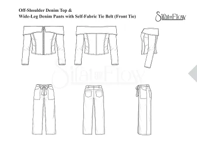 Off-Shoulder Denim Co-Ord Set | Technical Fashion Sketch apparel design clothing design co ord set denim design export garments fashion designer fashion illustration fashion technical drawing flat sketch garment development pattern making production ready sifatflow tech pack technical sketch