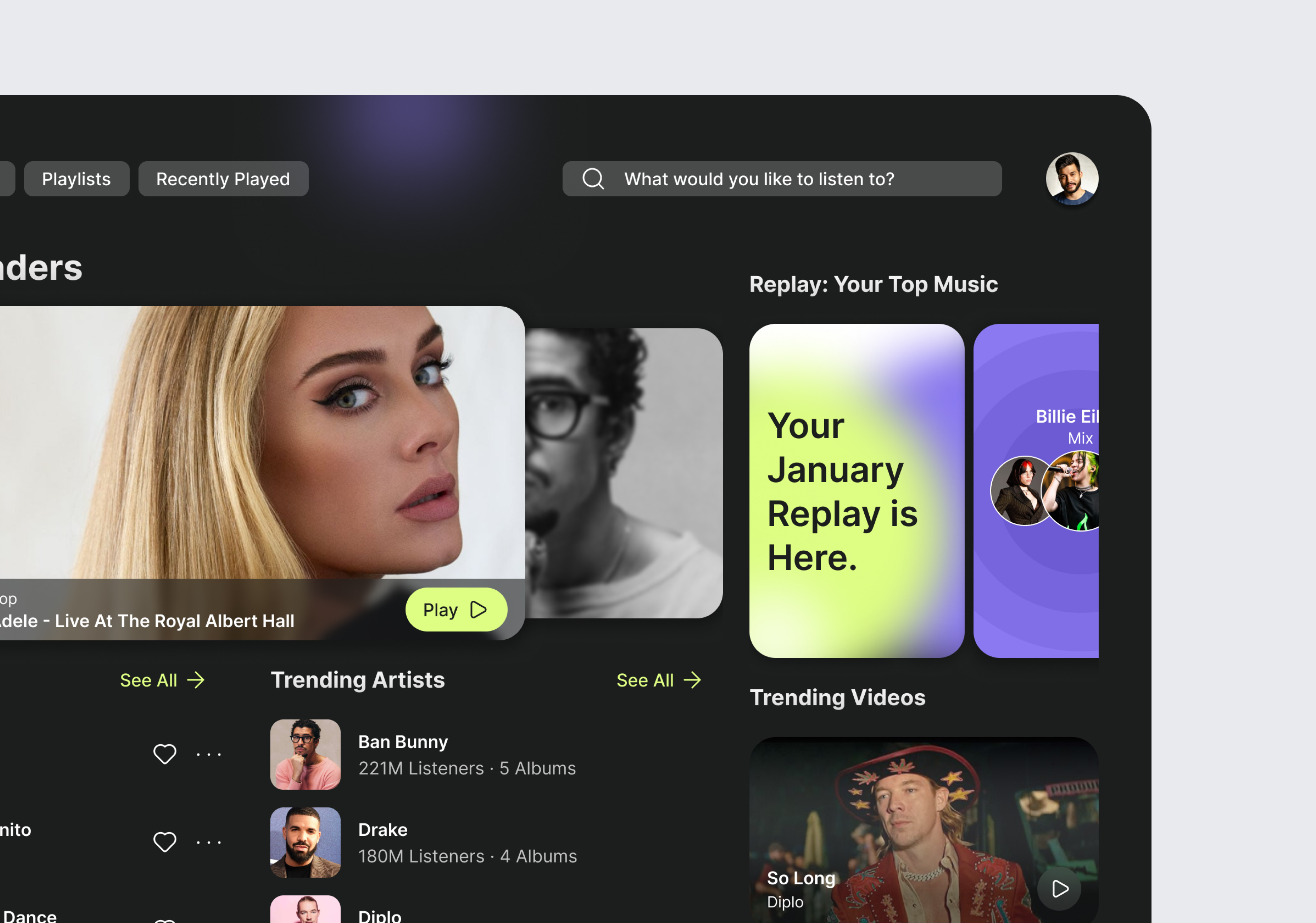 Music App Concept - Home app branding cards color dark flat gradient music trend trending ui web widgets
