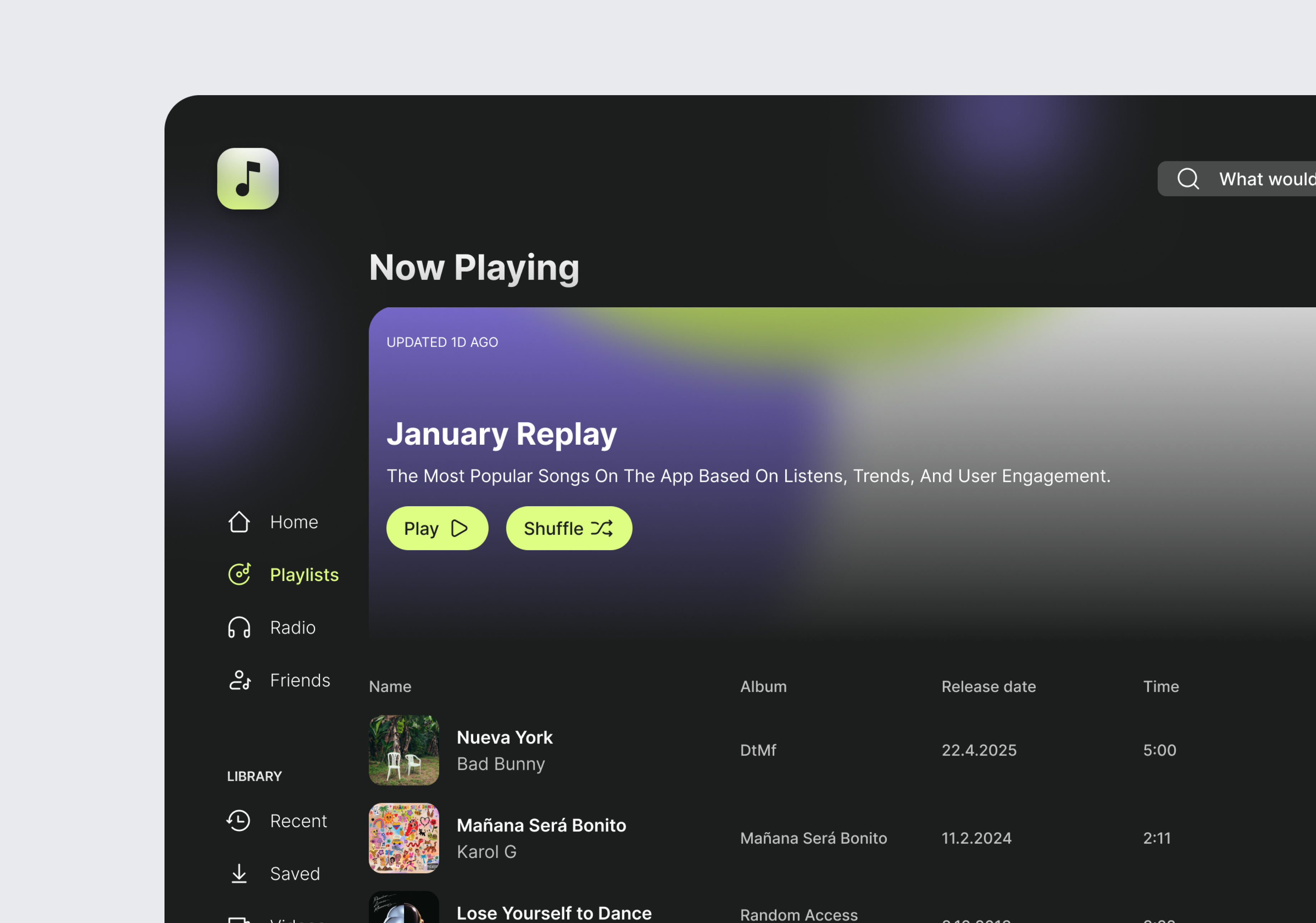 Music App Concept - Playlist app blur cards color gradient music playlist trending treng web