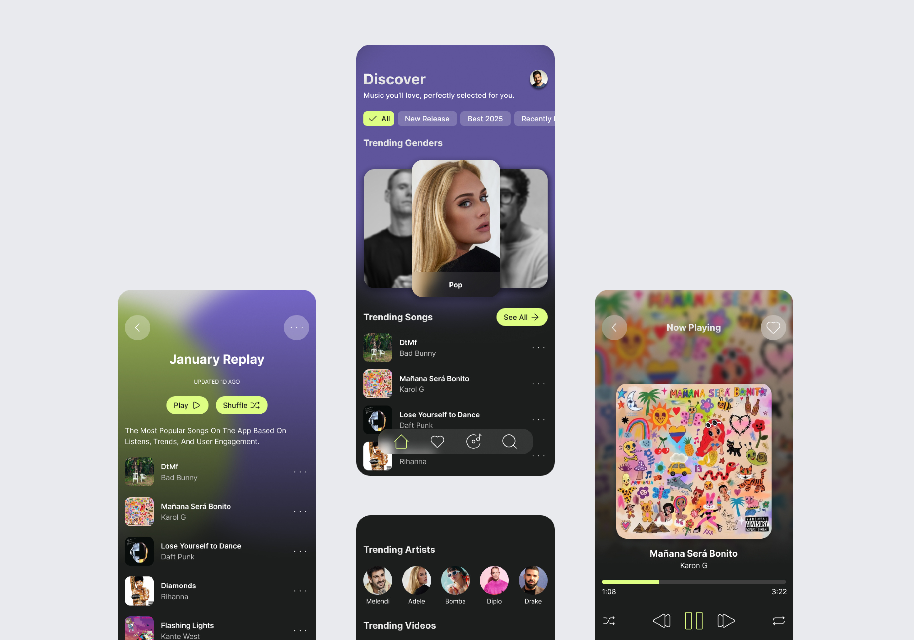 Music App Concept - Mobile album app cards color dark gradient mobile music progress responsive singer trending widgets