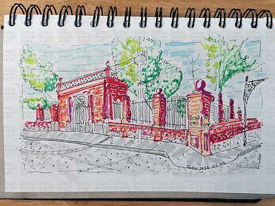 Red Brick Entrance architectural illustration architecture brick wall texture art decorative wrought iron gate details entrance hand drawn cityscapes illustration intricate joselo rocha art path quirky red brick red brick gateway sketch street scene drawing trees urban sketch art vintage architecture whimsical