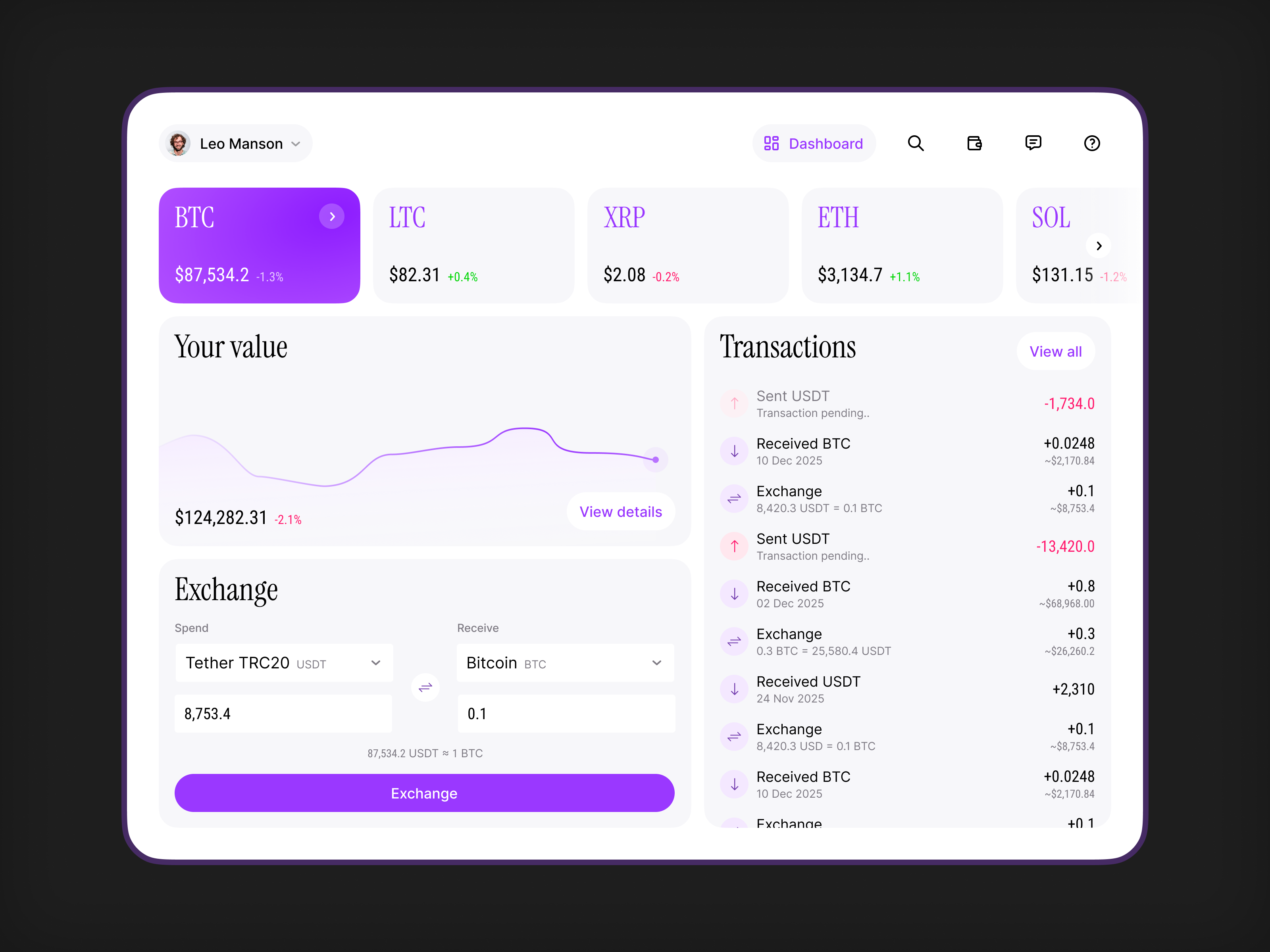 Crypto Wallet Dashboard - Desktop Fintech UI btc clean cryptocurrency desktop eth exchange transactions ui ux web