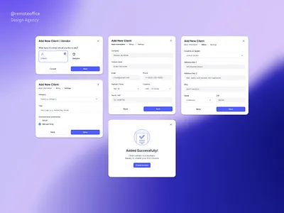 Add New Client Flow — Balance Financial App app banking branding budget clean client crm figma financial fintech form invoice management modal payment product design purple saas ui ux