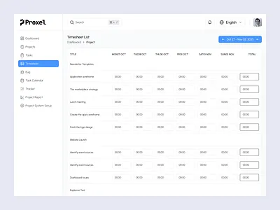 Proxel - Timesheet design system product productivity project management project management software task management task management software task tracker task tracking team management time entry time management time sheet time tracker time tracking timetracker to do todo list uiux web