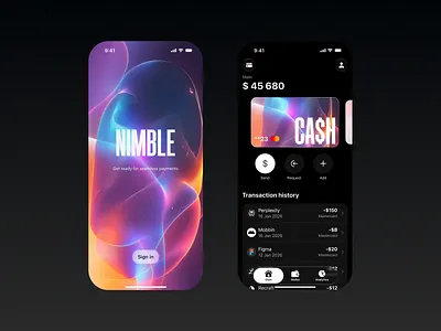 Finance banking app | Mobile UX UI design | Inspired by KDA account aerial balance banking card cards dark theme finance glassmorphism history holographic ios 26 kda league of legends lummi ai money payments request transactions wallet