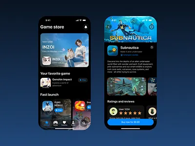 Mobile Game store | UX UI design IOS study banner catalogue continue developers download favorites games gaming glassmorphism horizontal ios 26 main page market play product info purchase reviews search share store