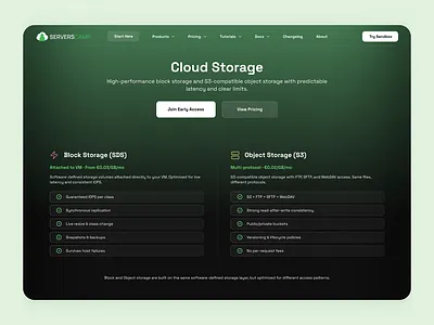 Cloud Storage Landing Page UI — ServersCamp cloud dark mode devtools figma landing page landing page design landing page ui ux pricing product design saas ui ui design ui ux ux design web design